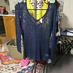 POL Blue V-Neck Sweater Blouse with Long Sleeves